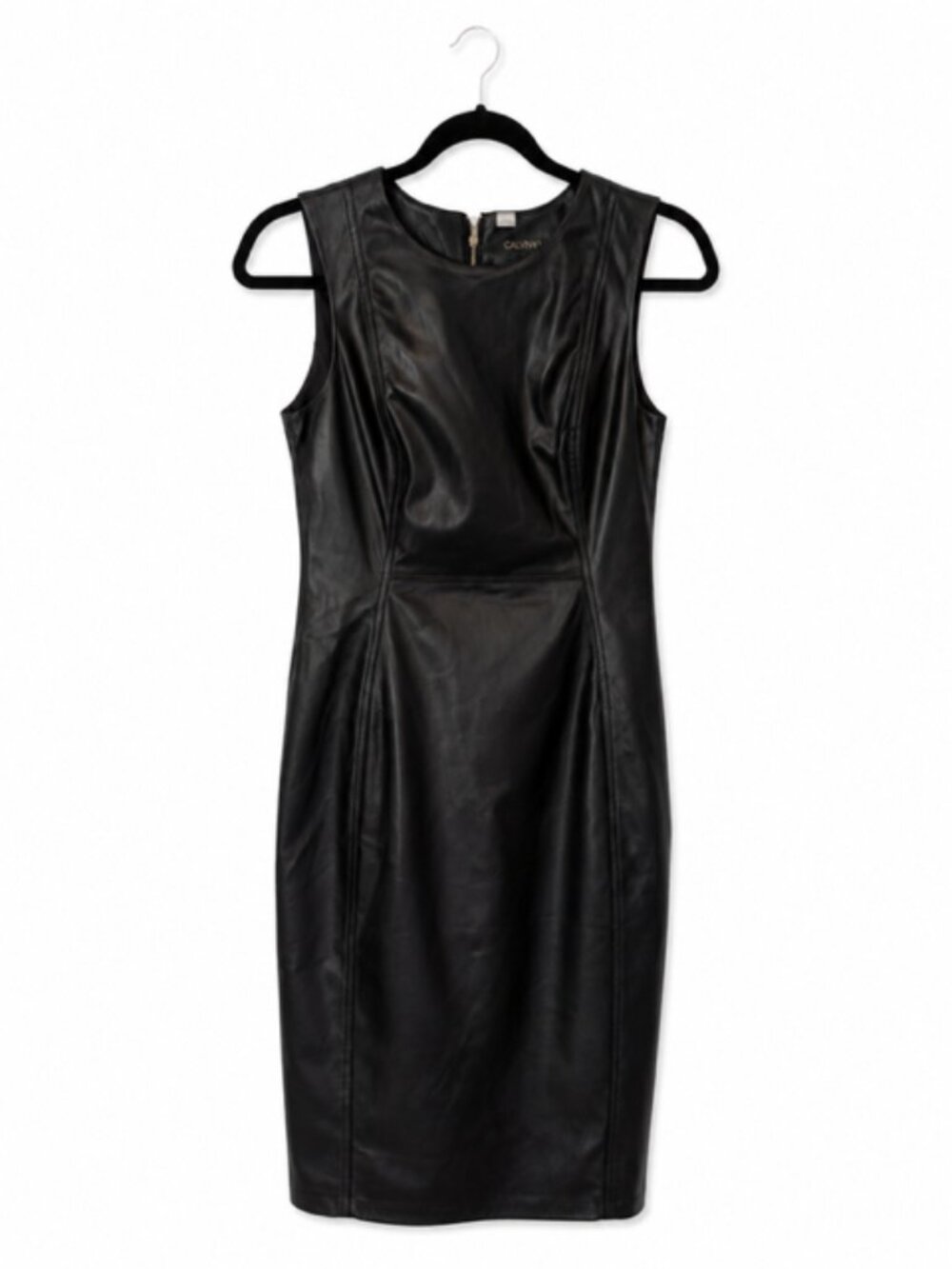 Calvin Klein Black Faux Leather Sheath Dress Sz 6 Sleeveless Career Cocktail